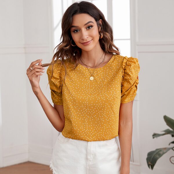 

Polka Dot Print Puff Sleeve Blouse, Mustard yellow