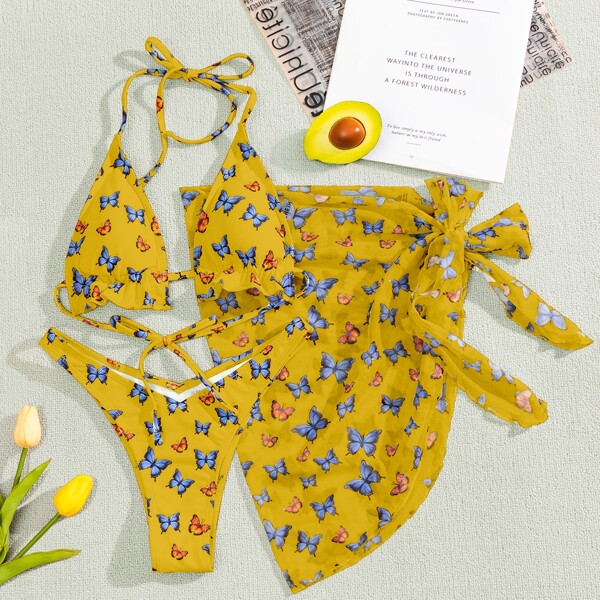 

3pack Butterfly Print Triangle Bikini Swimsuit & Cover Up, Multicolor