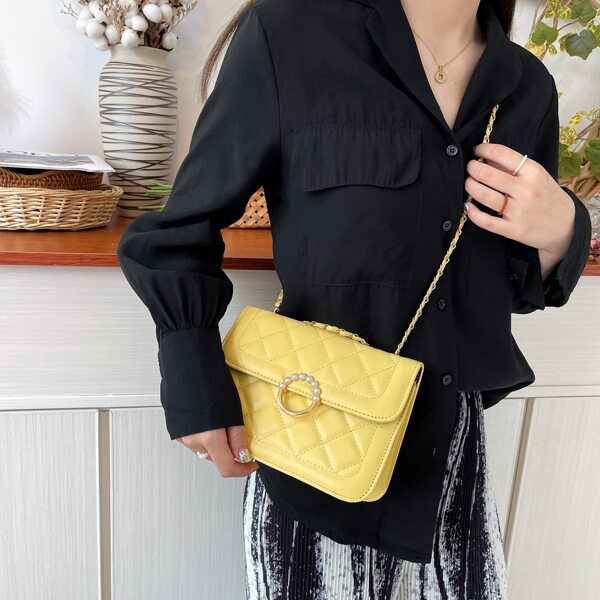 

Minimalist Quilted Faux Pearl Decor Chain Shoulder Bag, Yellow
