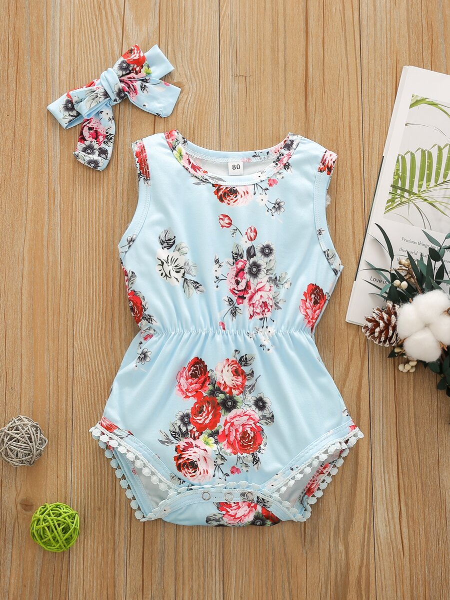 女婴印花緹花蕾絲邊連體衣和髮帶 - 淺藍色 - 查看 1