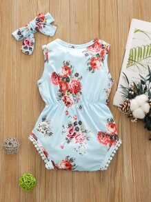 女婴印花緹花蕾絲邊連體衣和髮帶 - 淺藍色 - 查看 2