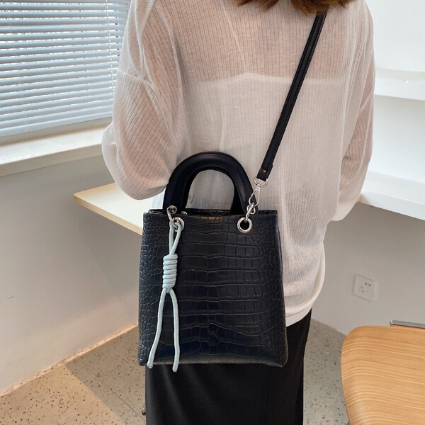 

Minimalist Croc Embossed Satchel Bag, Black