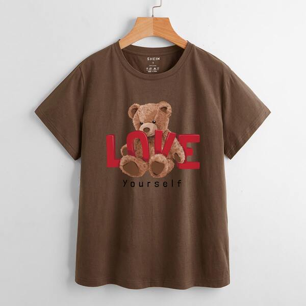 

Cartoon Print & Slogan Print Round Neck Tee, Mocha brown