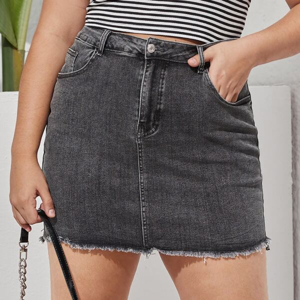 

Plus Raw Hem Denim Straight Skirt, Dark grey