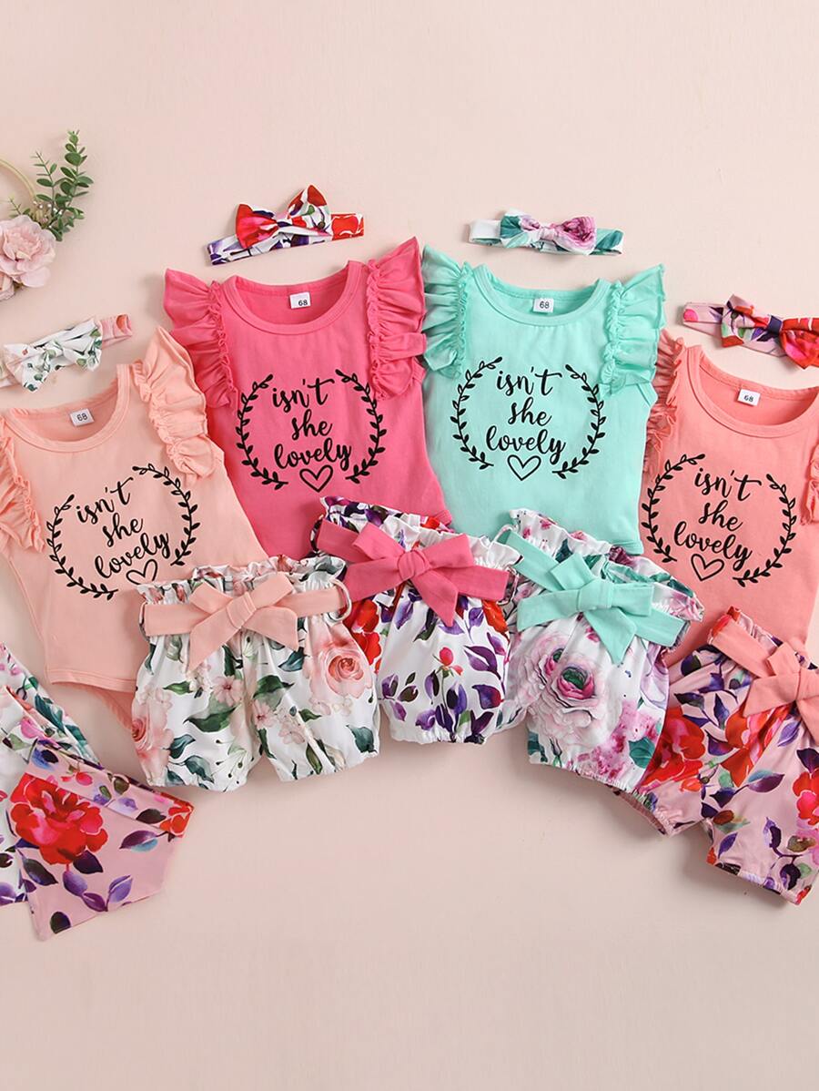 女嬰4件套標語圖案連體衣和髮帶和短褲和短褲和口水巾 - 彩色 - 查看 1