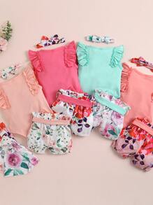 女嬰4件套標語圖案連體衣和髮帶和短褲和短褲和口水巾 - 彩色 - 查看 2