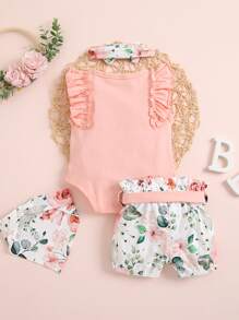 女嬰4件套標語圖案連體衣和髮帶和短褲和短褲和口水巾 - 彩色 - 查看 3