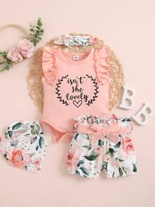 女嬰4件套標語圖案連體衣和髮帶和短褲和短褲和口水巾 - 彩色 - 查看 4