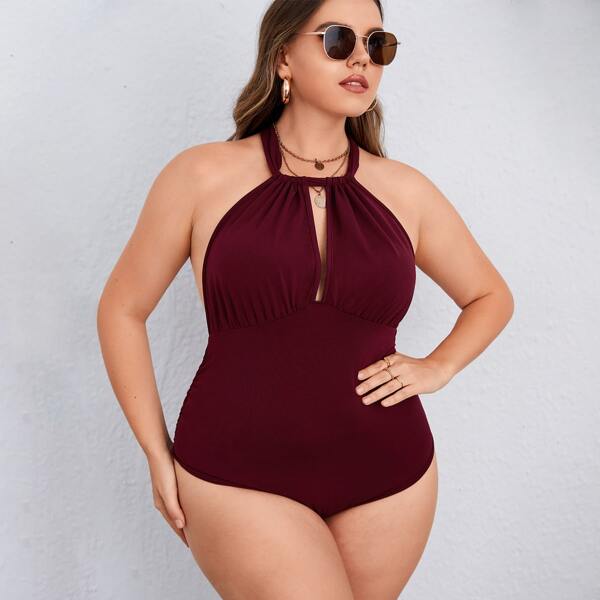 

Plus Backless Cut Out Halter Bodysuit, Burgundy