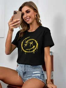 INAWLY Graphic Round Neck Tee - Black - View 1