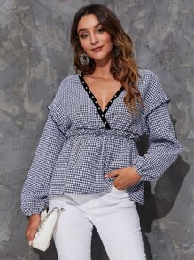 Camisa bajo peplum de guingán con perla ribete con fruncido - Azul y blanco - Ver 1
