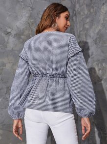 Camisa bajo peplum de guingán con perla ribete con fruncido - Azul y blanco - Ver 2