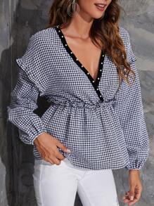 Camisa bajo peplum de guingán con perla ribete con fruncido - Azul y blanco - Ver 3