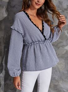 Camisa bajo peplum de guingán con perla ribete con fruncido - Azul y blanco - Ver 5
