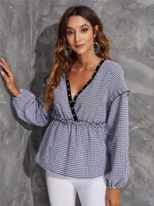 Camisa bajo peplum de guingán con perla ribete con fruncido - Azul y blanco - Ver 6