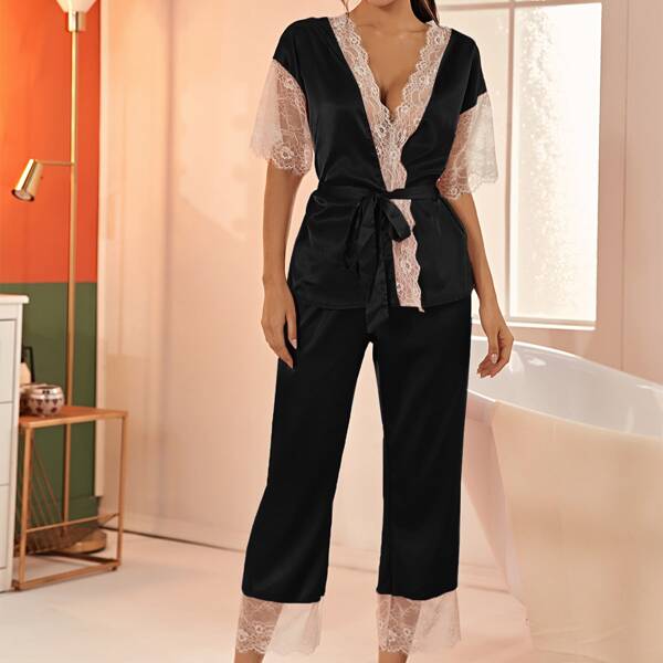 

Contrast Lace Scallop Trim Belted Satin Top & Pants PJ Set, Black
