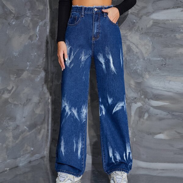 

Raw Cut Slant Pocket Bleach Wash Jeans, Dark wash