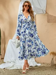 SHEIN VCAY Floral Print Flounce Sleeve Belted Dress - Blue and White - View 5