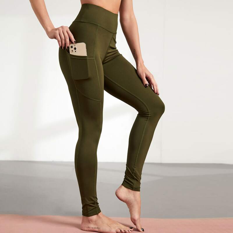 

Wide Waistband Sports Leggings With Phone Pocket, Army green