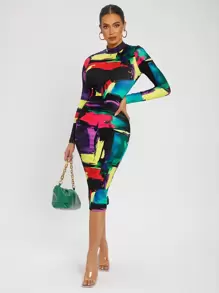 SHEIN SXY Colourblock Split Hem Back Bodycon Dress - Multicolor - View 1