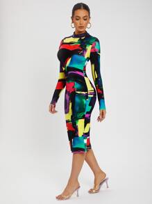 SHEIN SXY Colourblock Split Hem Back Bodycon Dress - Multicolor - View 5