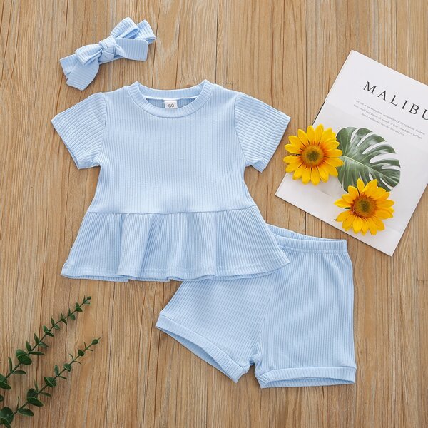 

Baby Ribbed Ruffle Hem 1 Tee & 1 Shorts & 1 Headband, Baby blue