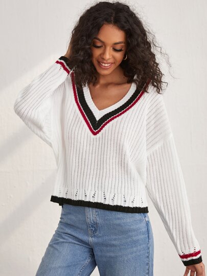 Striped Pattern V Neck Drop Shoulder Sweater