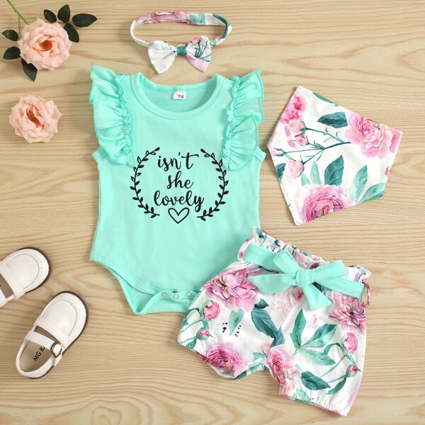 

Baby Slogan Graphic 1 Bodysuit & 1 Belted Shorts & 1 Headband & 1 Saliva Towel, Multicolor