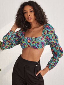 SHEIN Unity Scoop Neck Floral Print Crop Top - Multicolor - View 3