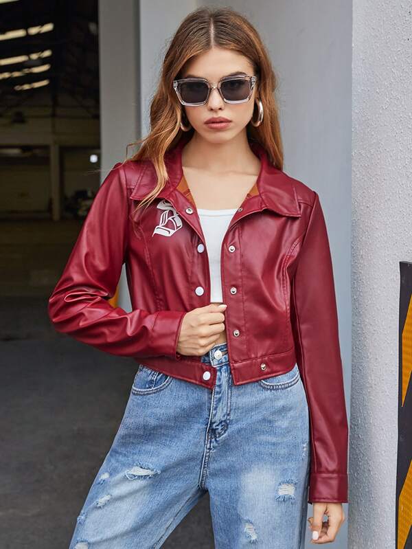 Chaqueta de cuero Pu con estampado de letras para mujer chaqueta de Chaqueta de cuero Pu con estampado de letras para mujer chaqueta de