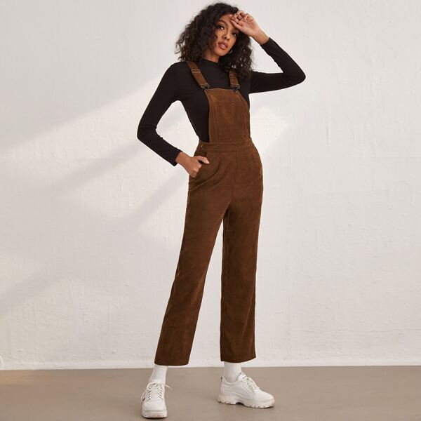 

Pocket Front Adjustable Strap Corduroy Overalls Without Tee, Coffee brown