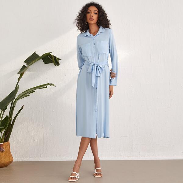 

Pocket Front Belted Shirt Dress, Baby blue