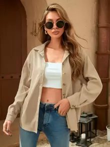 SHEIN LUNE Drop Shoulder Button Up Corduroy Blouse - Apricot - View 1