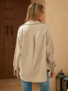 SHEIN LUNE Drop Shoulder Button Up Corduroy Blouse - Apricot - View 2