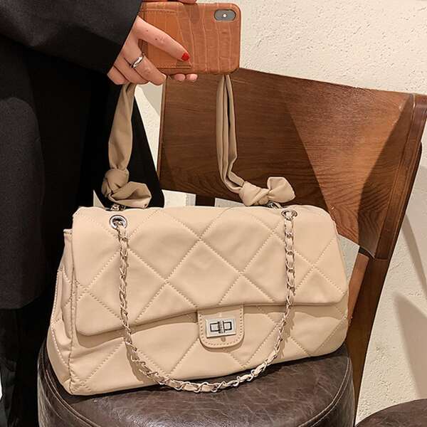 

Quilted Turn-lock Tote Bag, Khaki
