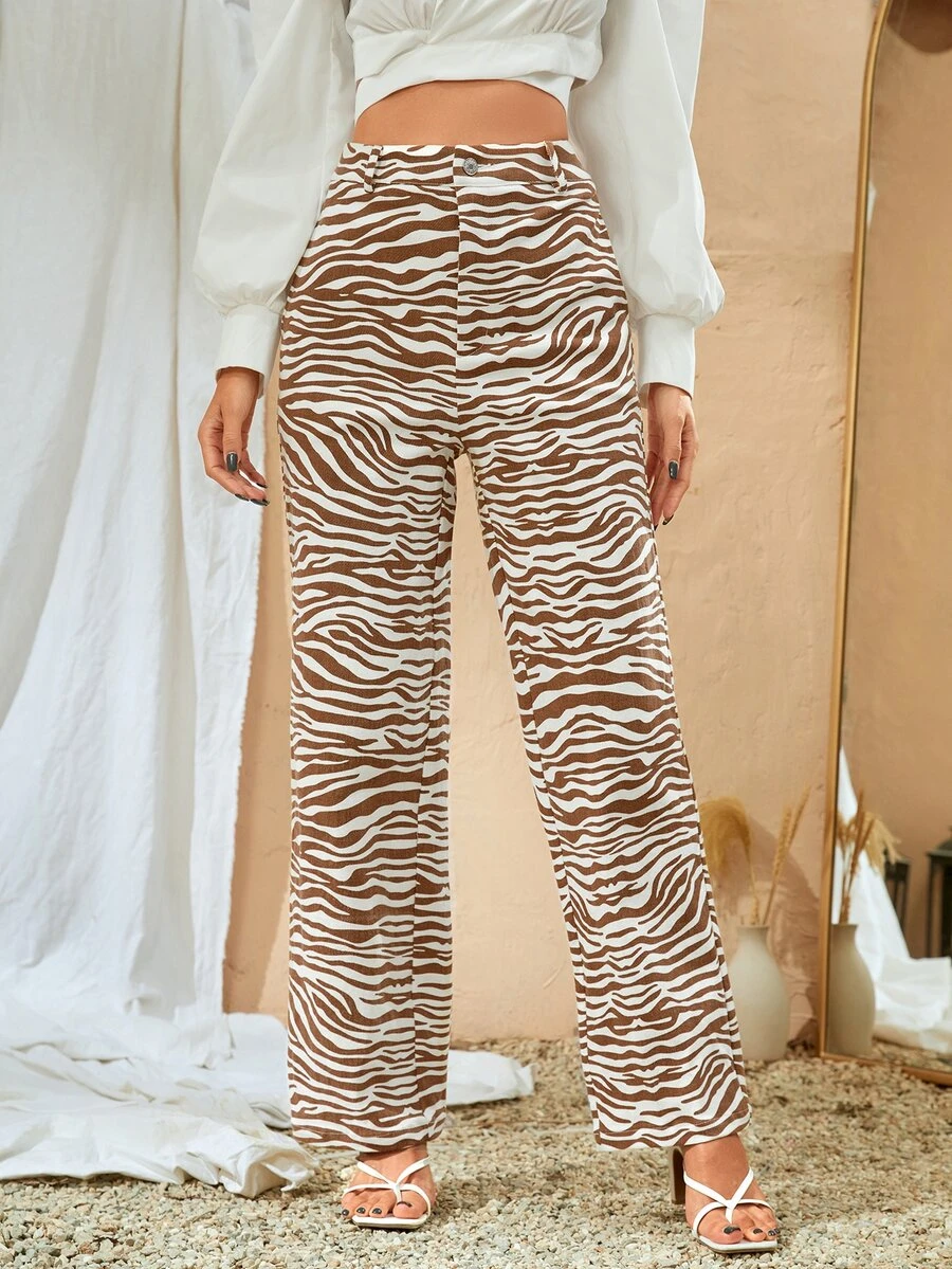 SHEIN Pantalones rectos de talle alto de rayas de cebra - Multicolor - Ver 1