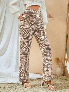 SHEIN Pantalones rectos de talle alto de rayas de cebra - Multicolor - Ver 4