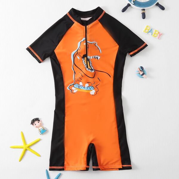 

Boys Cartoon Graphic Zipper Front One Piece Swimsuit, Orange