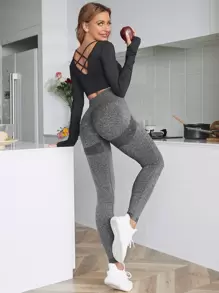 Yoga Basic Marled Yoga Leggings Seamless Tummy Control Sports Tights - Grey - View 5