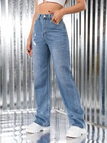 SHEIN ICON High Waist Ripped Straight Leg Jeans - Medium Wash - View 3