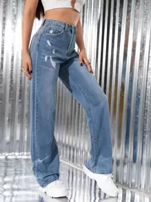 SHEIN ICON High Waist Ripped Straight Leg Jeans - Medium Wash - View 4