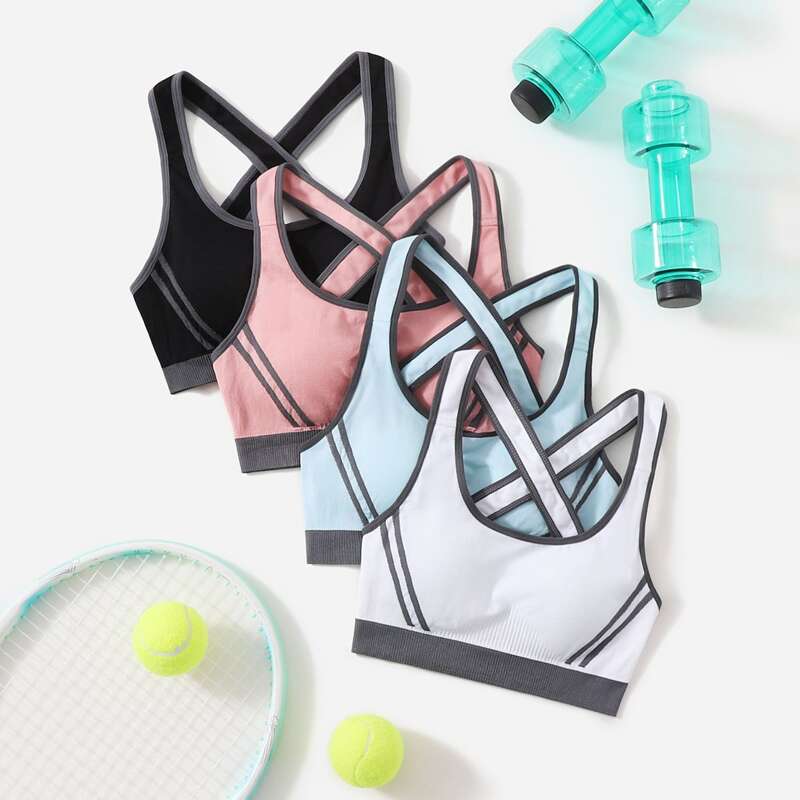 

4pcs High Support Contrast Binding Sports Bra, Multicolor