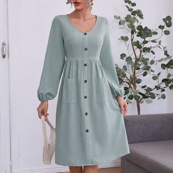 

Lantern Sleeve Pocket Patched Dress, Blue