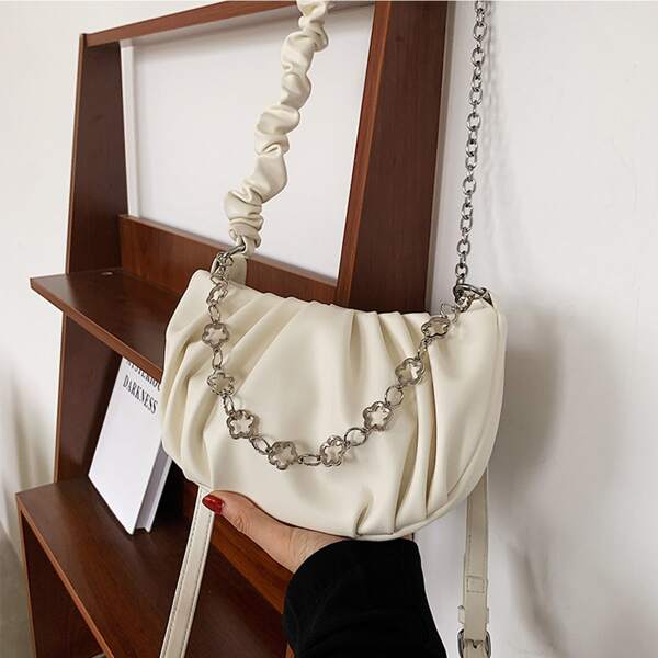 

Minimalist Ruched Design Chain Crossbody Bag, White