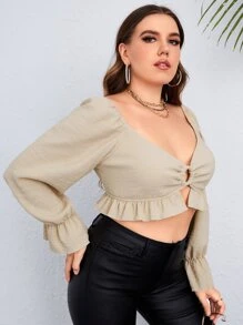 Plus O-ring Ruffle Hem Crop Top - Apricot - View 1