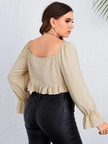 Plus O-ring Ruffle Hem Crop Top - Apricot - View 2