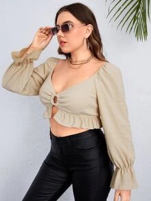 Plus O-ring Ruffle Hem Crop Top - Apricot - View 4