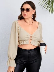 Plus O-ring Ruffle Hem Crop Top - Apricot - View 5