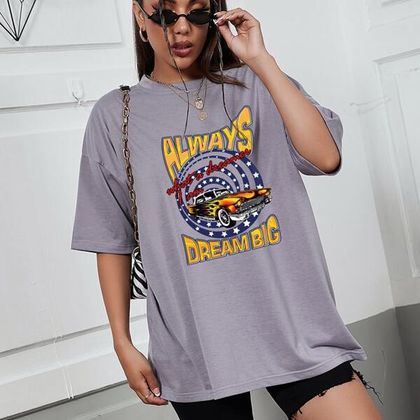 

Slogan And Car Print Drop Shoulder Oversized Tee, Dusty purple