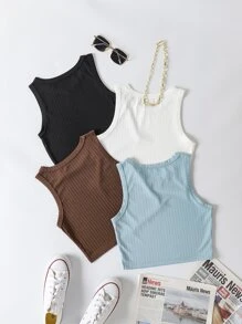 SHEIN EZwear 4 piezas Top tank corto unicolor de canalé